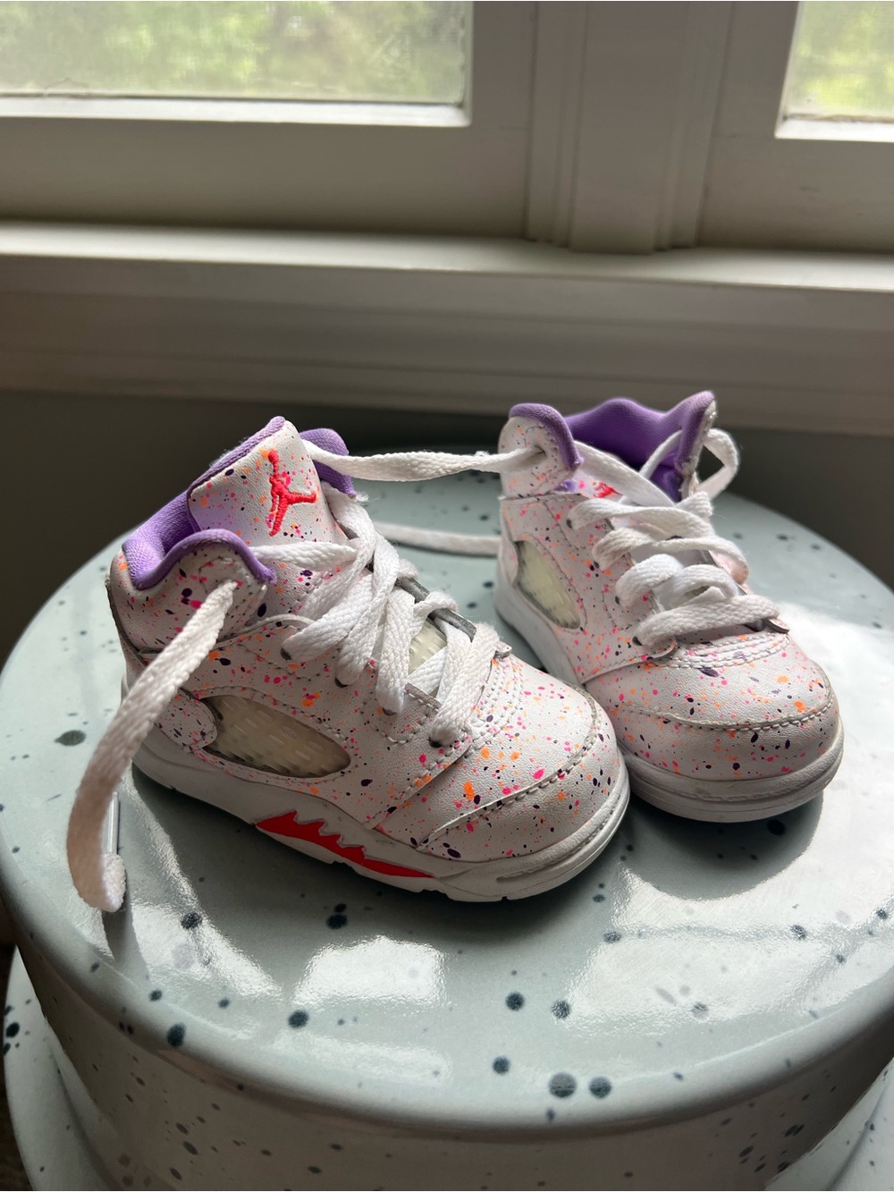 Jordan Baby White Sneakers with Purple Lining and Neon Accents